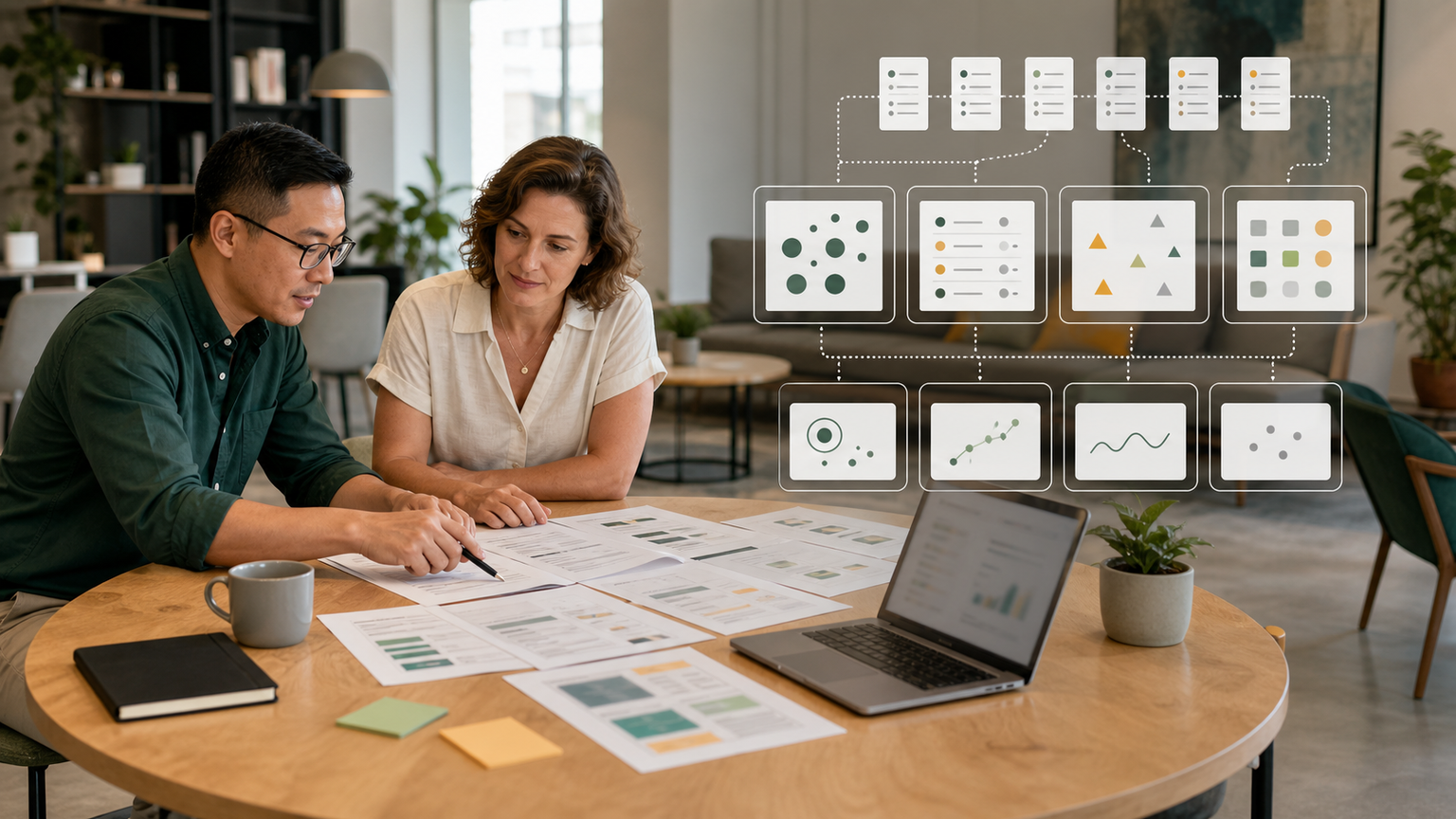 A consultant and small-business owner reviewing answer samples and an abstract AI search visibility audit