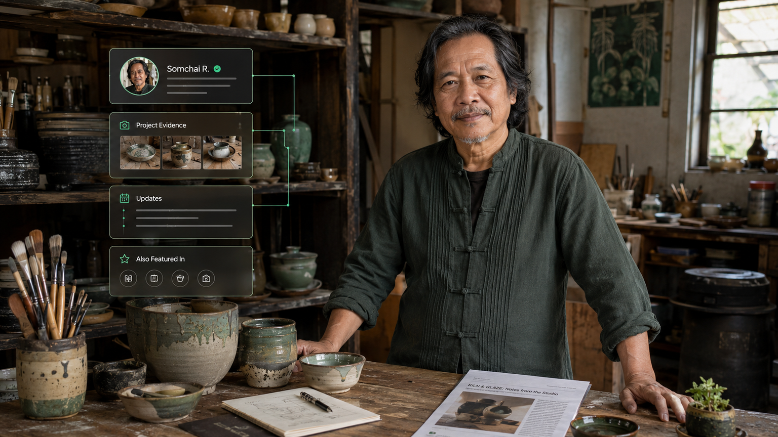 A ceramics instructor beside finished work with a connected author profile, project evidence, updates, and external mentions