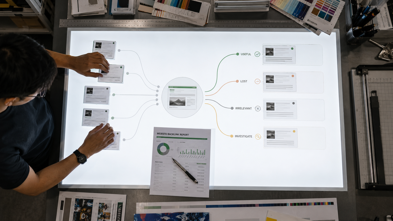 A print-shop owner sorting inbound links into useful, lost, irrelevant, and investigate lanes