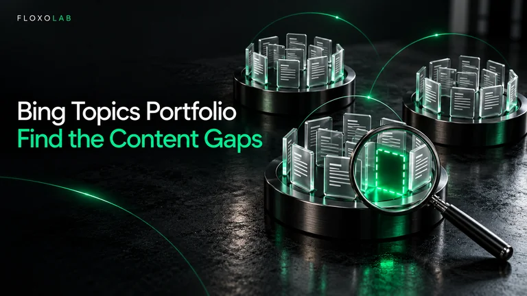 Conceptual topic clusters with a magnifying glass revealing a missing content tile, in FloxoLab black and emerald