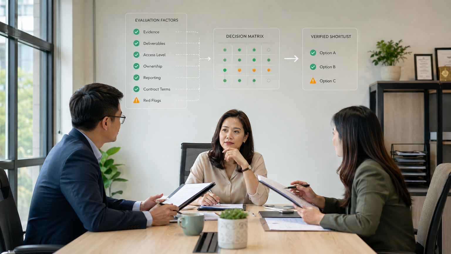 A Filipina business owner comparing two SEO agency proposals with an evidence and ownership scorecard