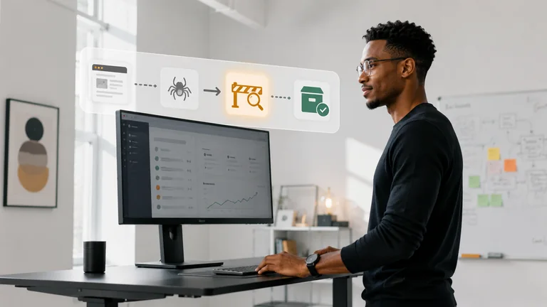 An SEO specialist reviewing a crawl-to-index workflow beside a Search Console-style dashboard