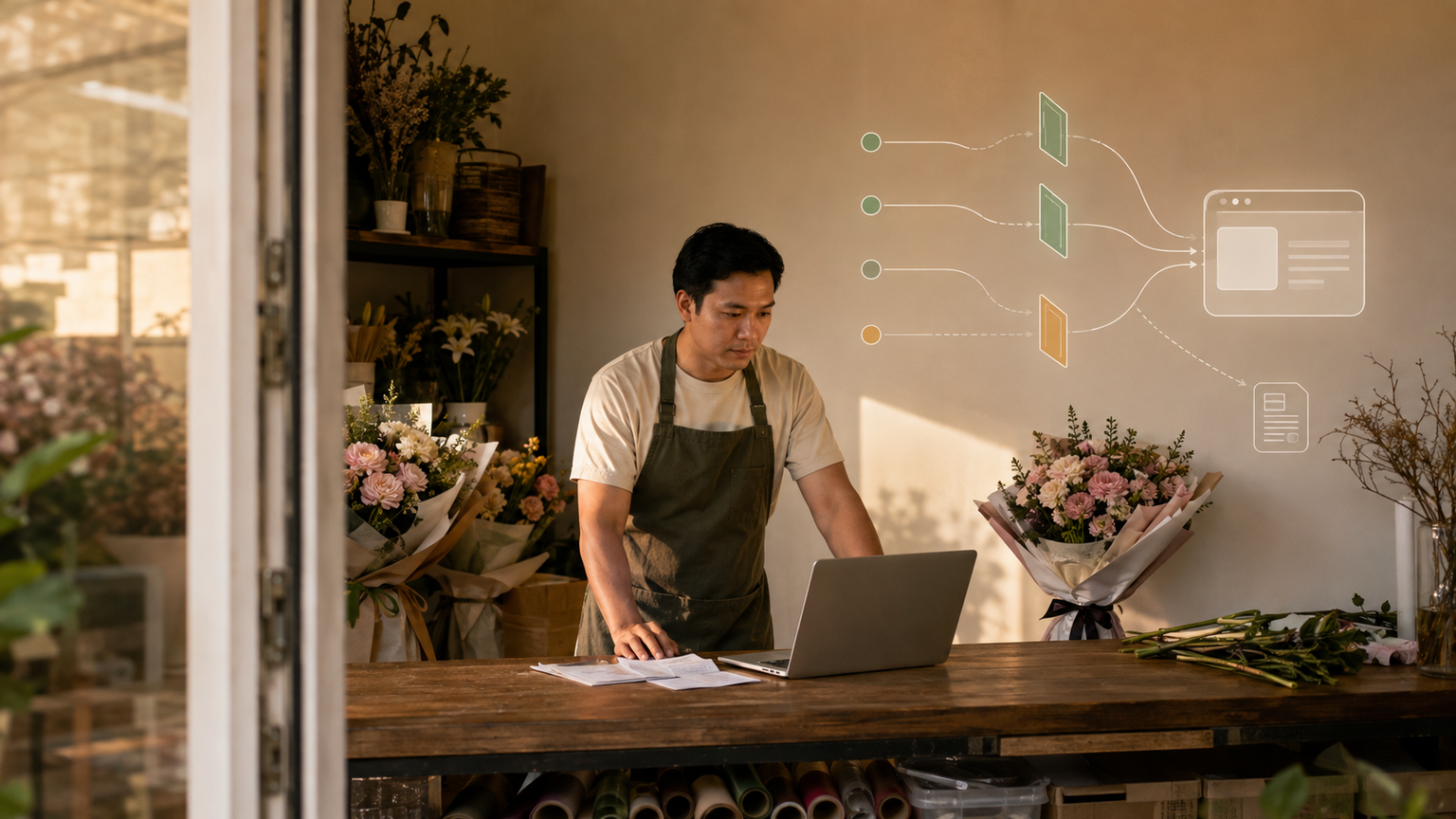 A florist reviewing crawler access routes where search paths pass and a training path stops at a separate control