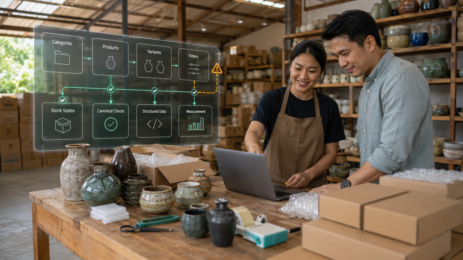 A ceramics seller and technical analyst auditing categories, products, variants, filters, canonicals, structured data, and measurement