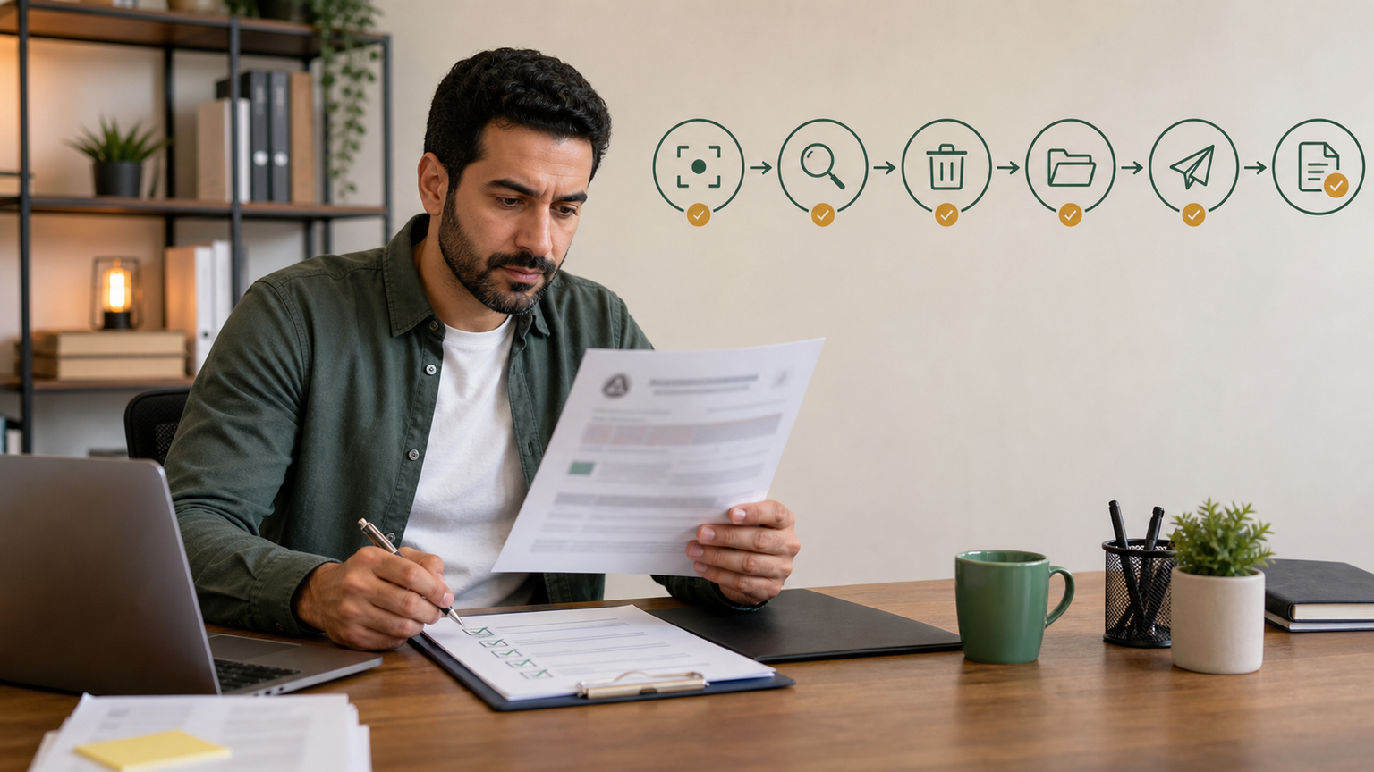 A compliance manager reviewing a notice and correction checklist beside a sequential recovery workflow