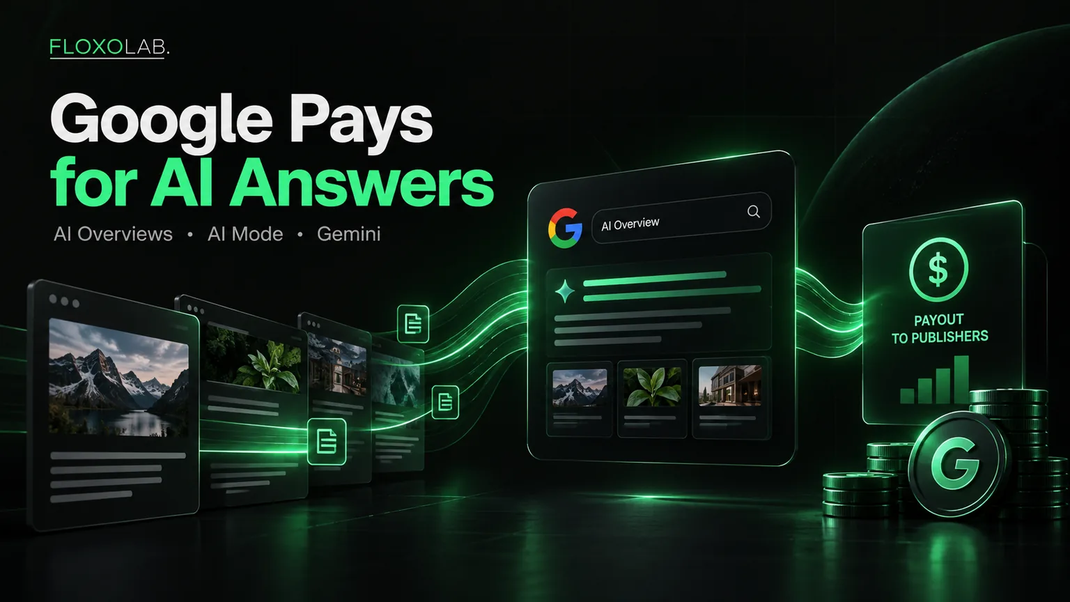 Website pages flowing into a Google AI Overview panel and onward to a publisher payout card with stacked coins