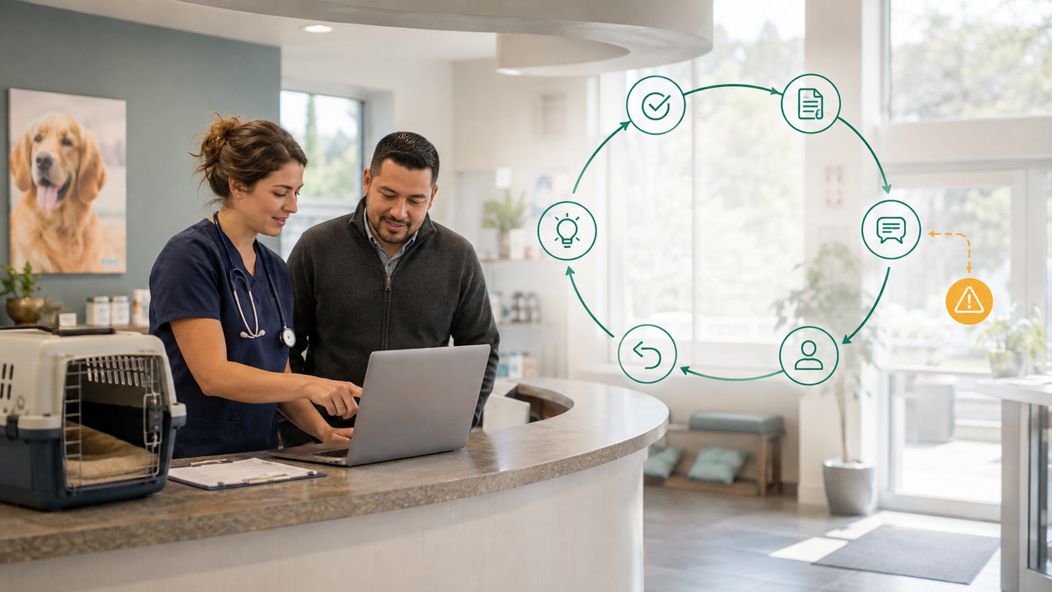 A veterinarian and clinic coordinator reviewing a compliant loop for review requests, monitoring, ownership, responses, and operational learning