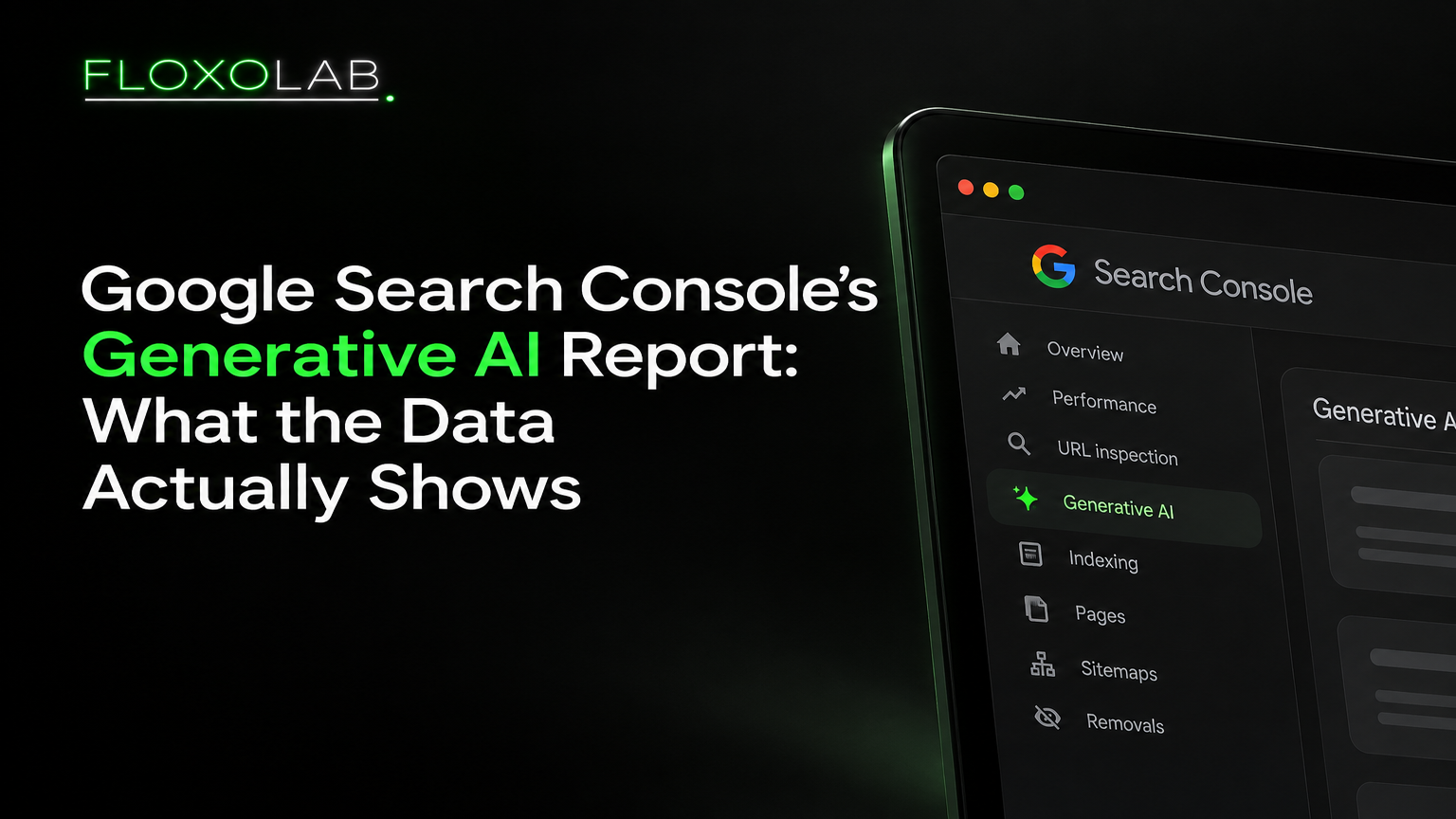 Google Search Console Generative AI report in a dark FloxoLab editorial design