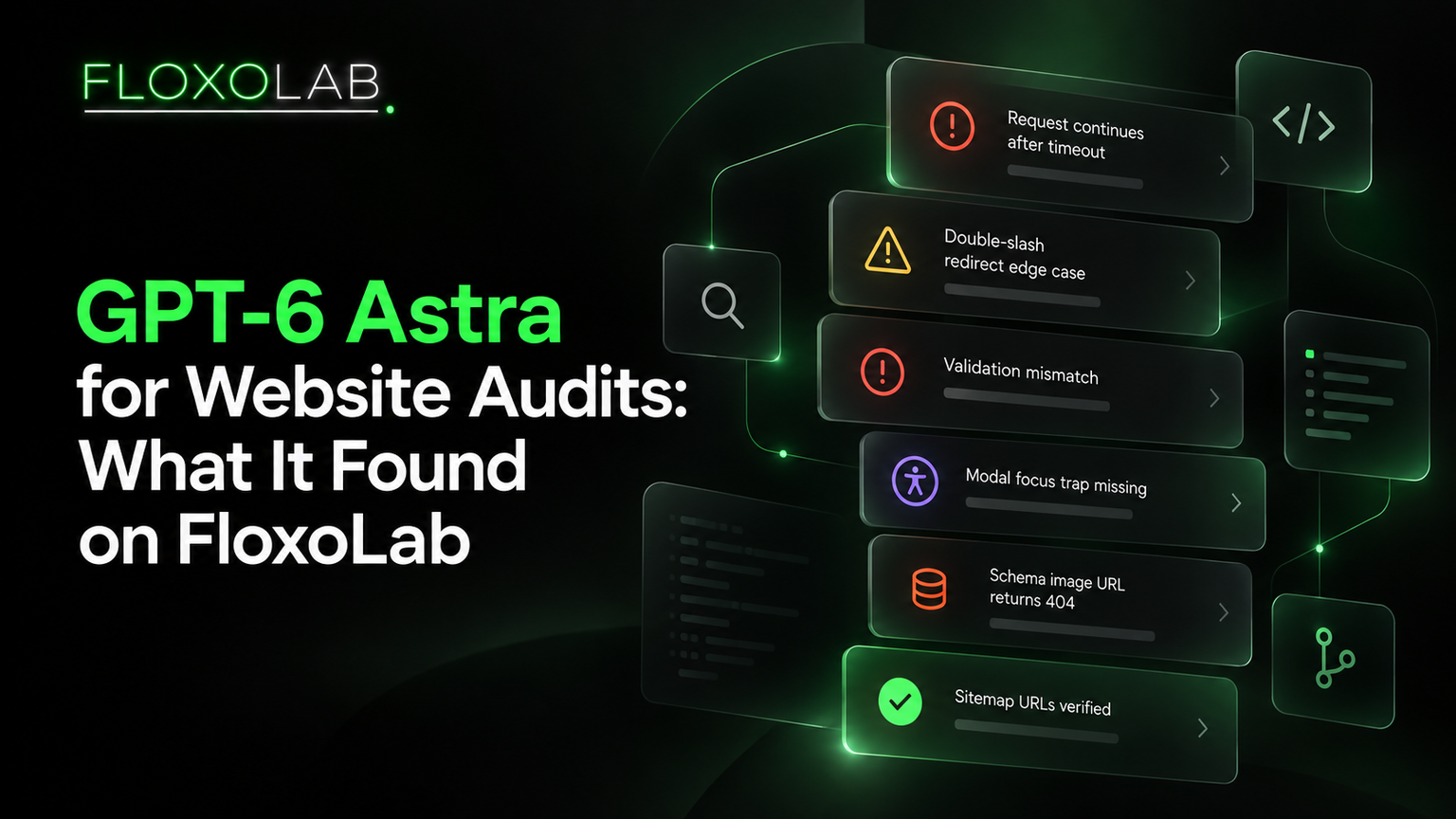 GPT-6 Astra website audit interface showing five confirmed FloxoLab findings and a verified sitemap check
