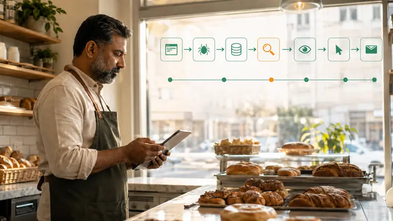 Bakery owner reviewing a gradual progression from page discovery to search visibility and customer inquiry