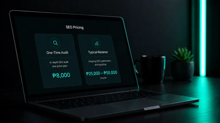 A pricing card showing a one-time SEO audit at 150 dollars beside a typical monthly retainer range