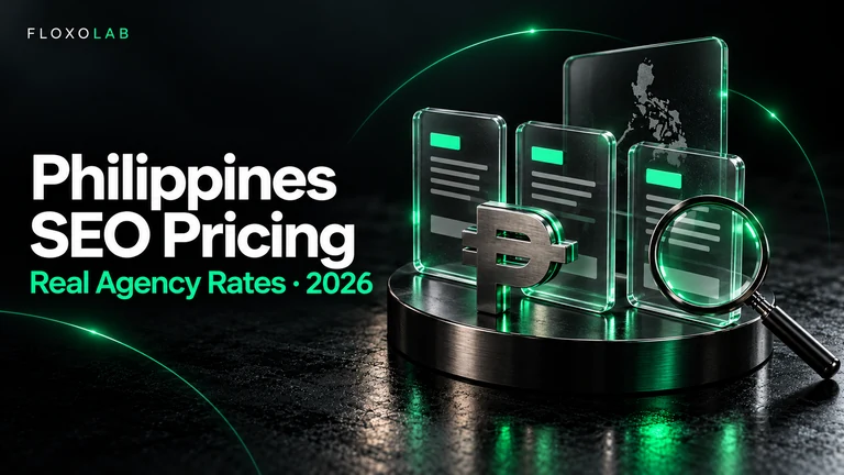 Editorial illustration of Philippine SEO pricing research, with comparison cards, a peso symbol and a Philippines map