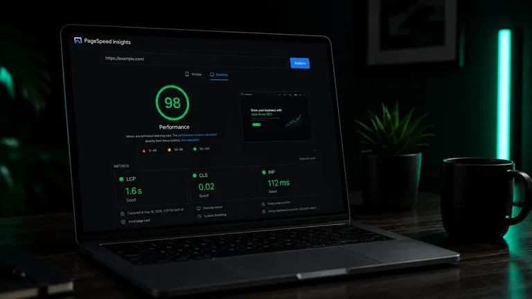 A laptop showing a PageSpeed Insights report with a green performance score of 98 and Core Web Vitals passing