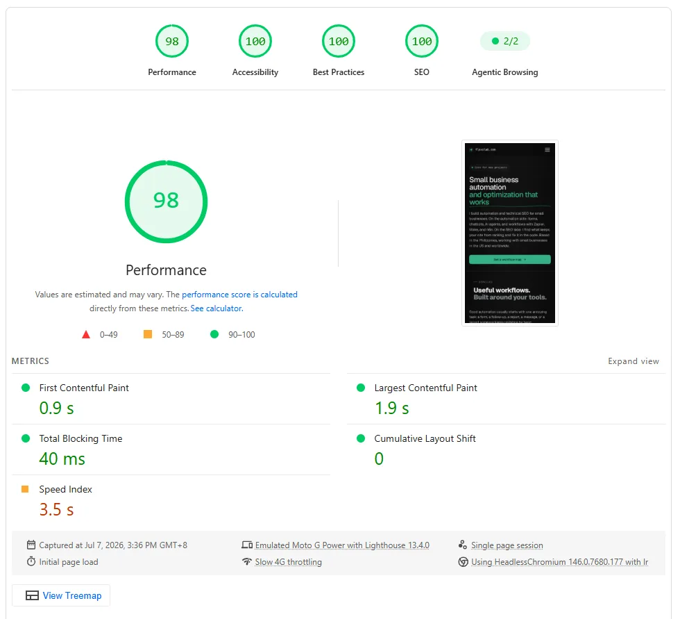 PageSpeed Insights mobile report for this site: performance 98, LCP 1.9 seconds, CLS 0, total blocking time 40 milliseconds, all green
