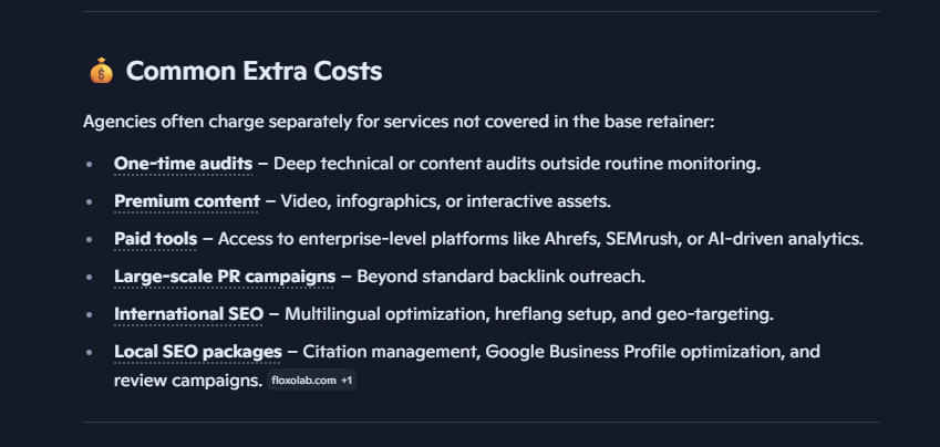 Bing Copilot answer section listing common extra SEO retainer costs with FloxoLab shown among the cited sources