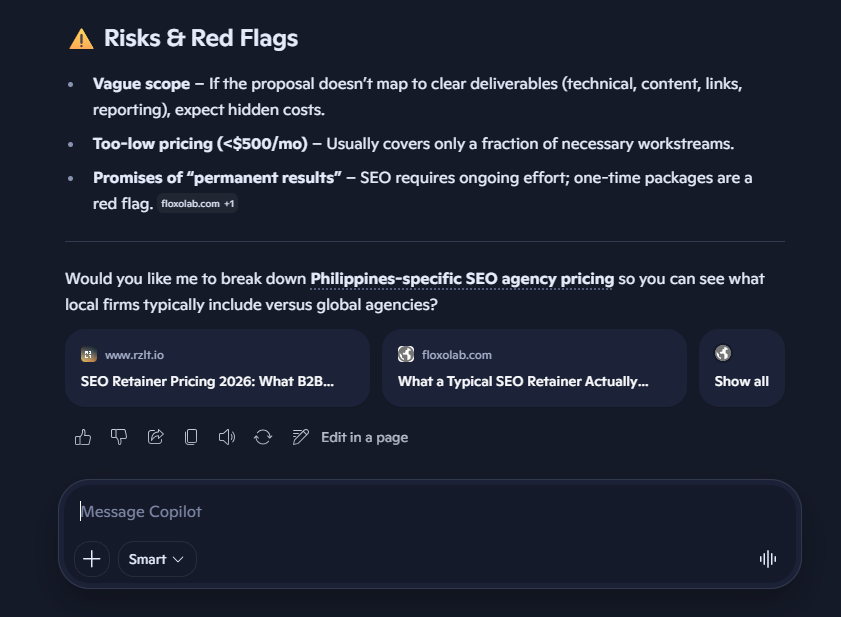 Bing Copilot answer about SEO retainer risks showing the FloxoLab retainer guide in the visible source cards