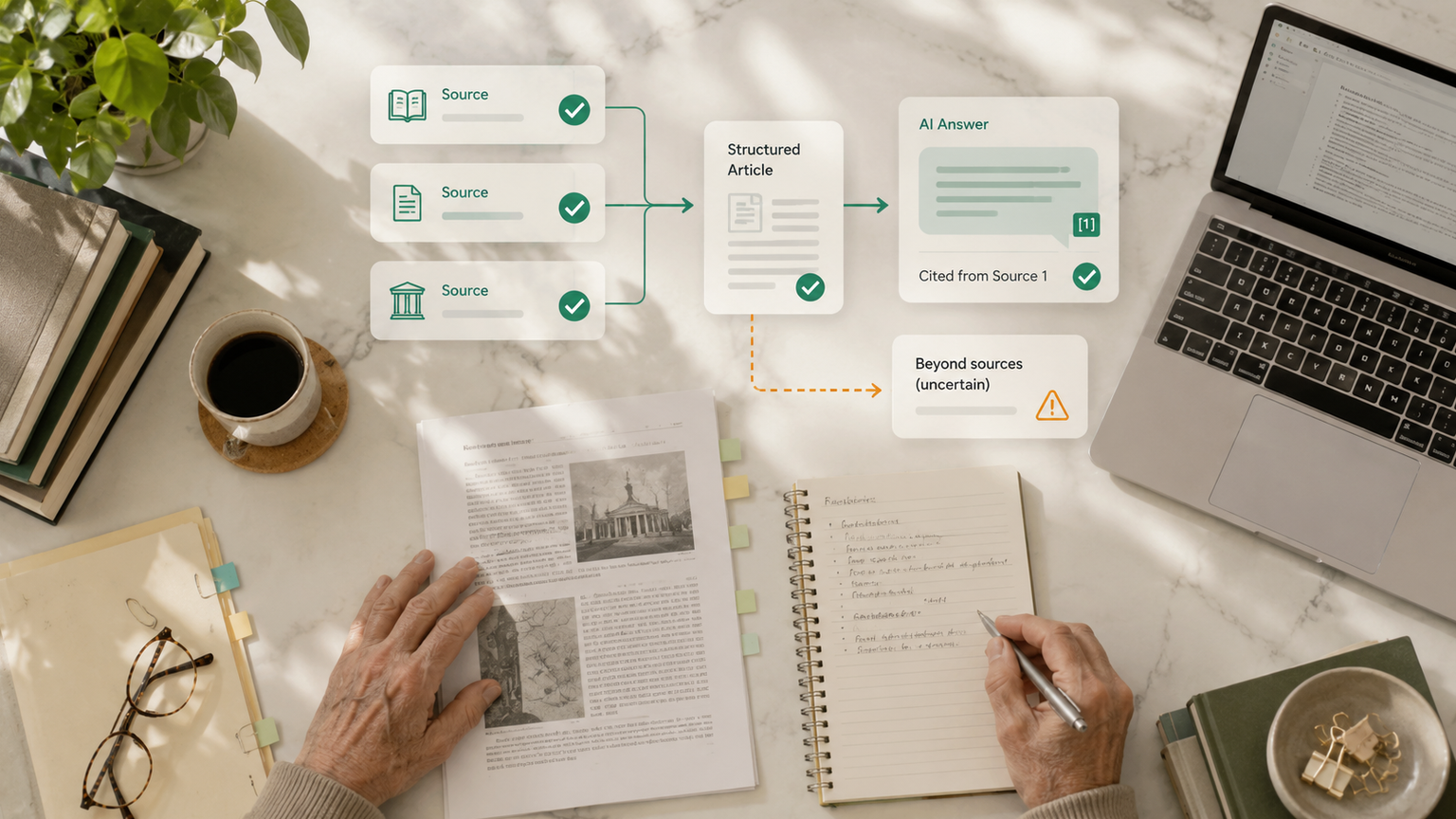 Research documents flowing into a structured article and an attributed AI answer with a visible uncertainty boundary
