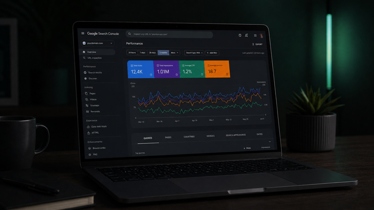 A laptop showing a Google Search Console performance dashboard with a clicks and impressions trend chart