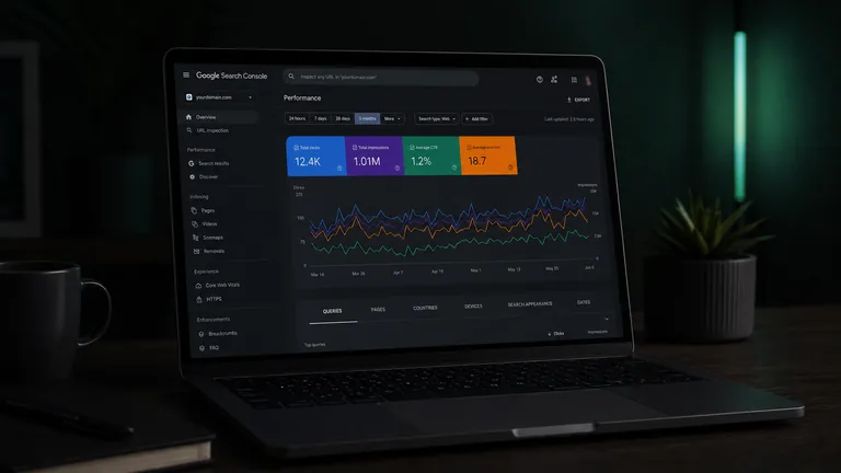 A laptop showing a Google Search Console performance dashboard with a clicks and impressions trend chart