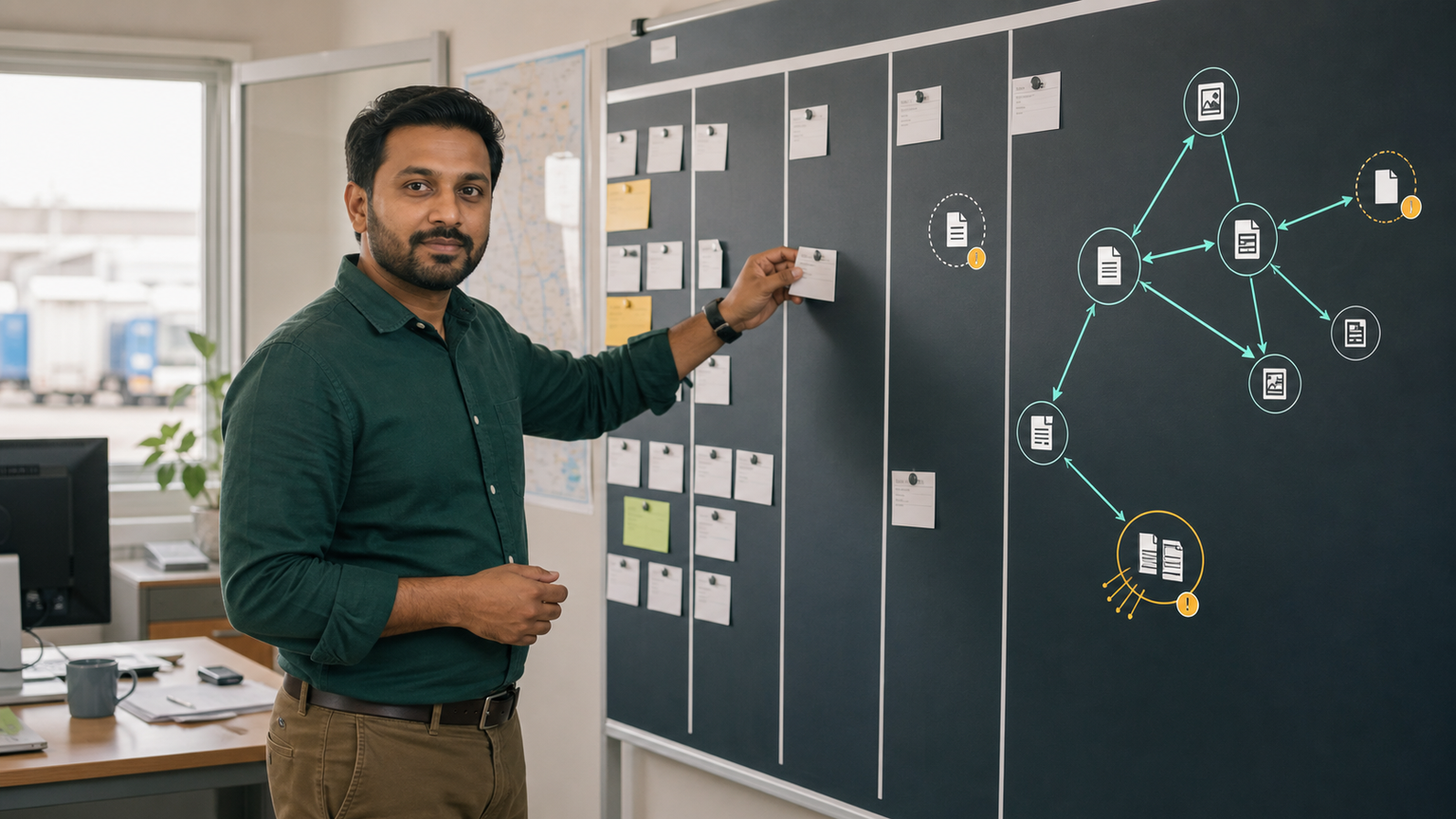 An operations planner reviewing a routing board with a simple internal link graph and three flagged route problems