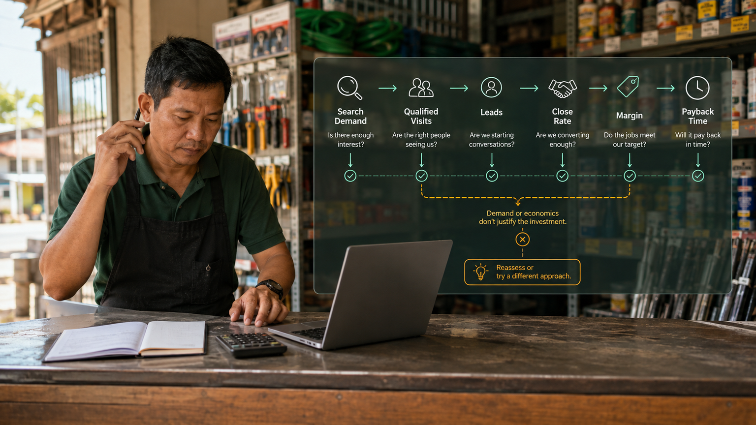 A Philippine hardware-store owner calculating whether search demand, leads, close rate, and margin can justify an SEO investment