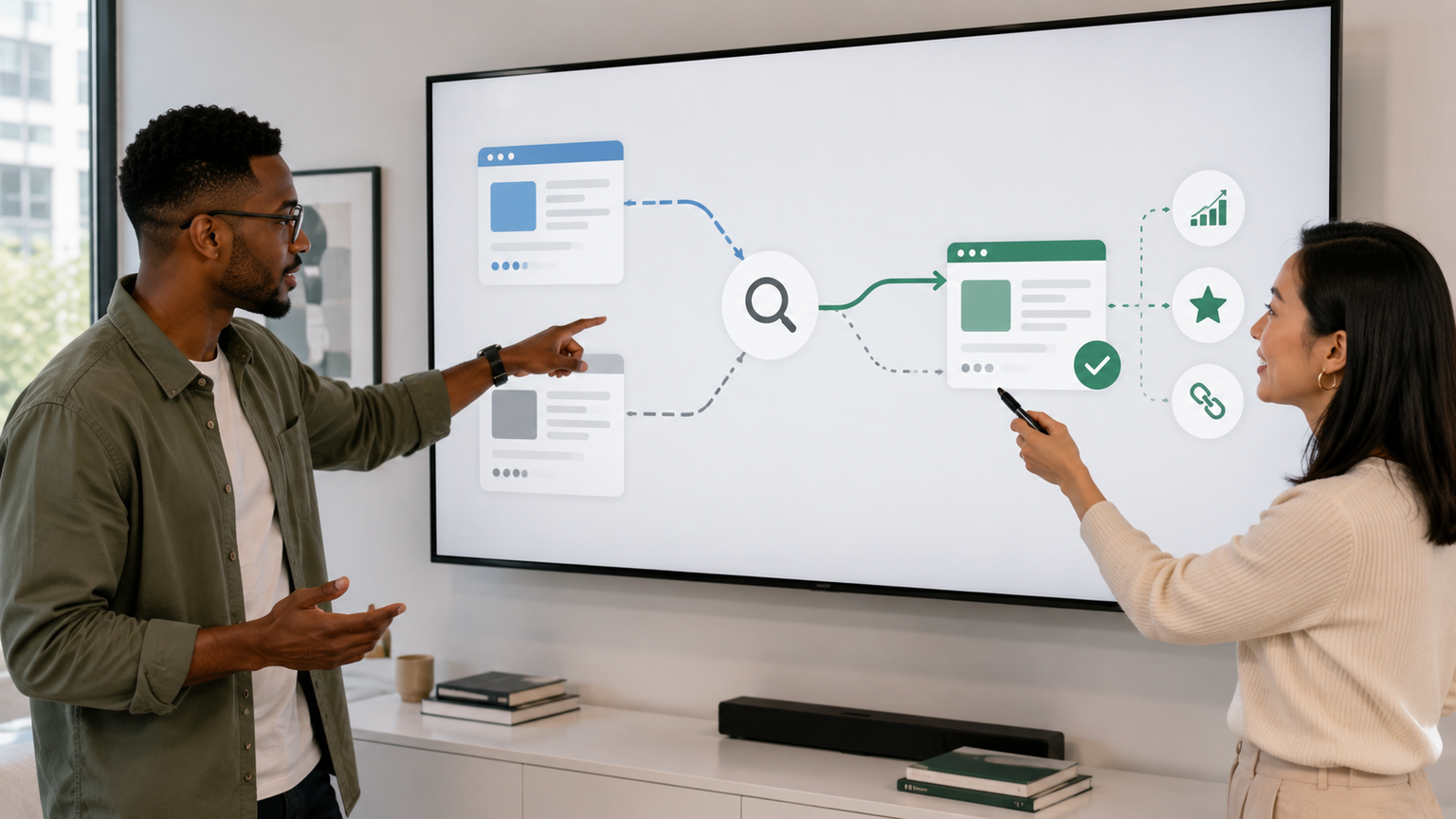 Two SEO specialists deciding which of two overlapping pages should be the primary search result