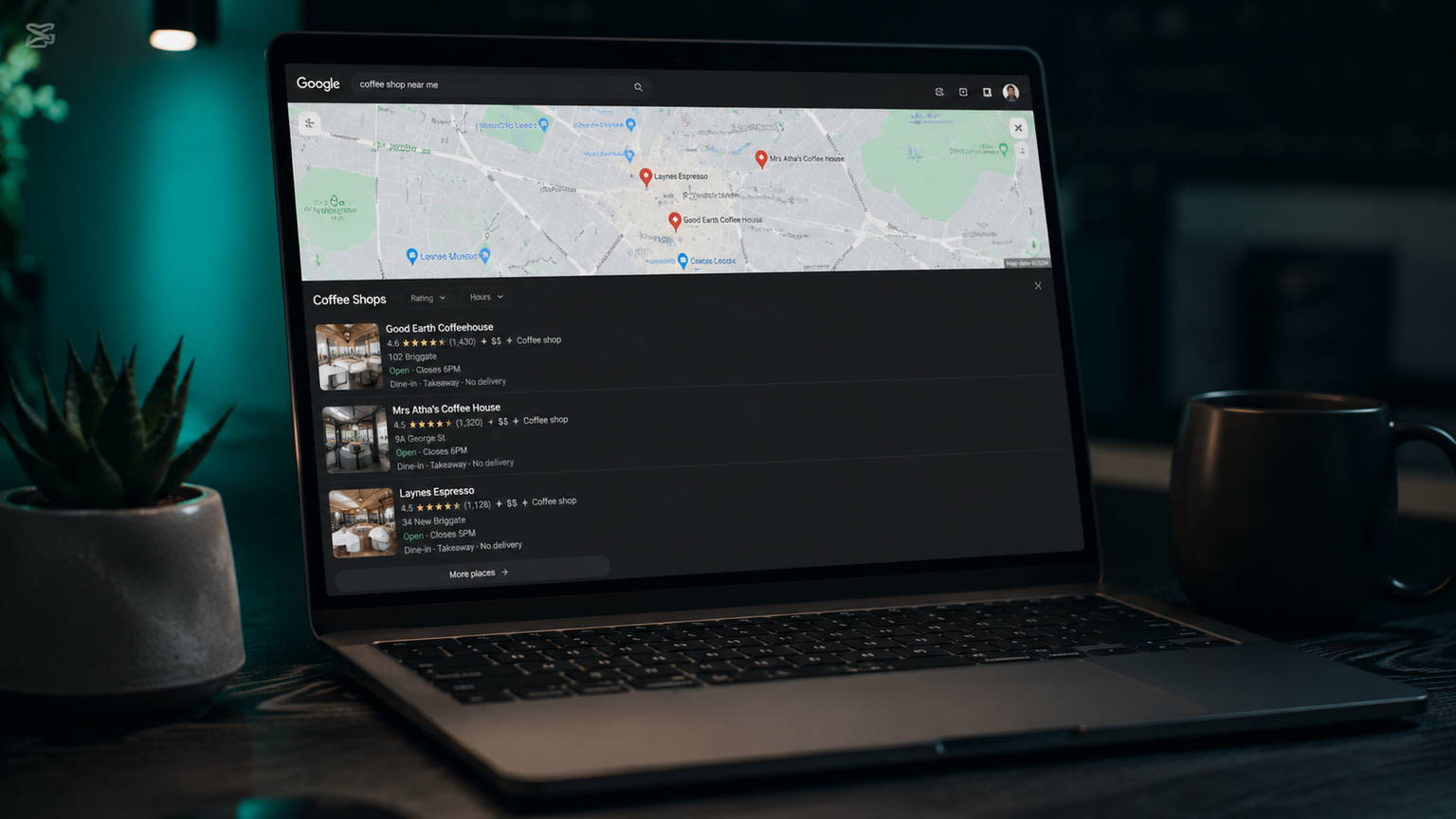 A laptop on a desk showing Google Maps with a local pack of nearby businesses
