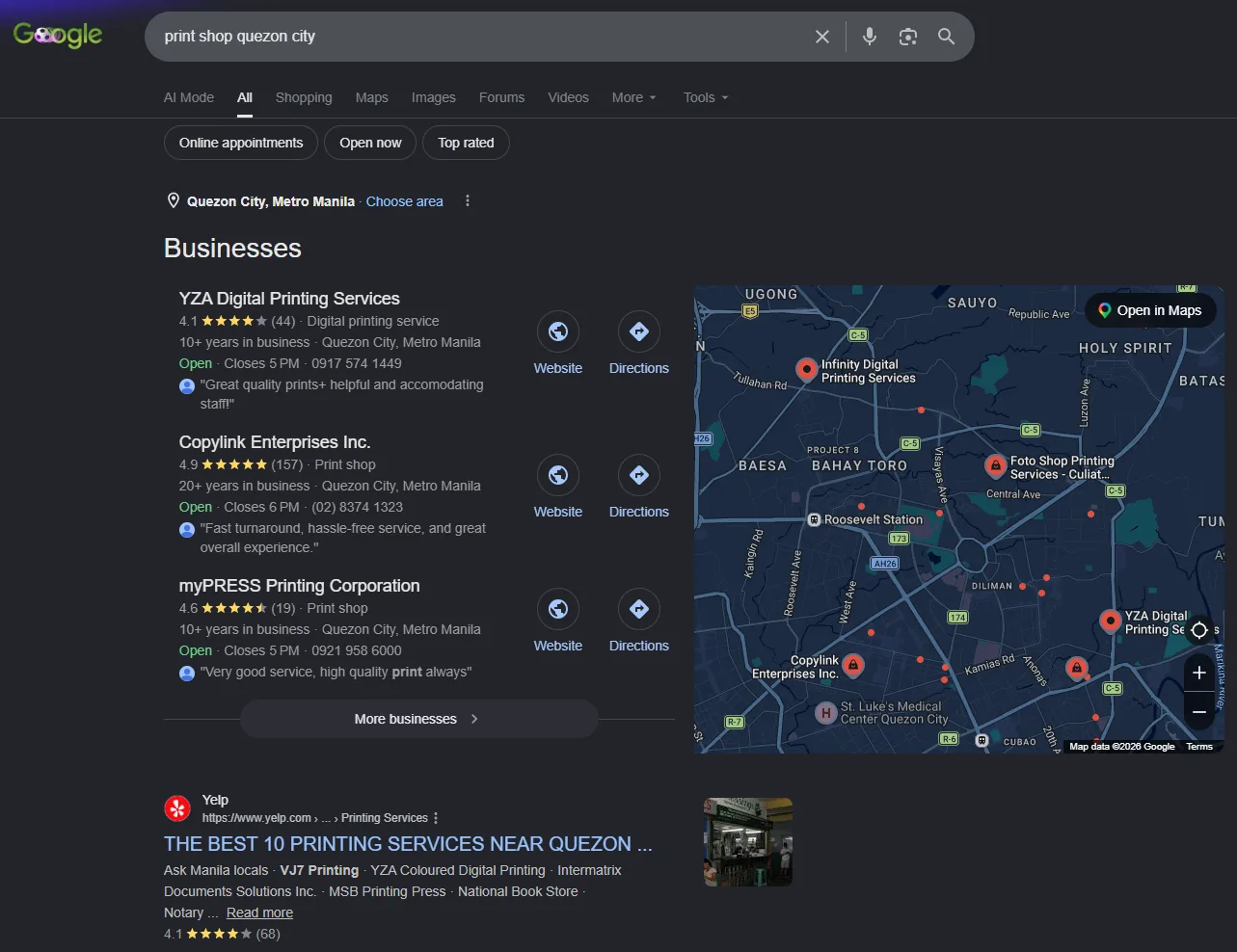 Google search results for print shop Quezon City showing the local pack: a map and three nearby print shops with star ratings, review counts, and call, directions, and website buttons