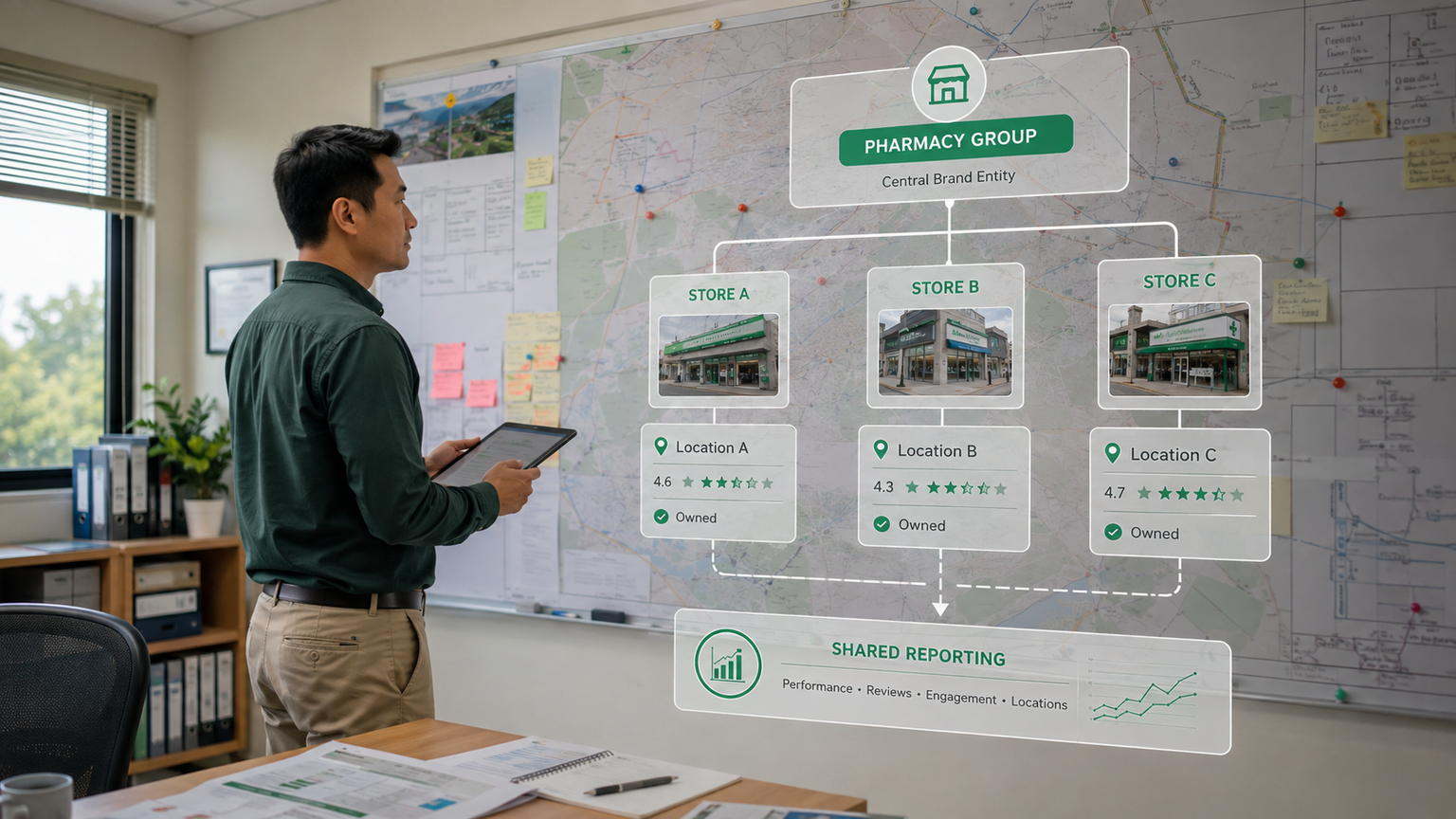 A pharmacy group operator reviewing three branch profiles, location ownership, ratings, and shared reporting on a wall map