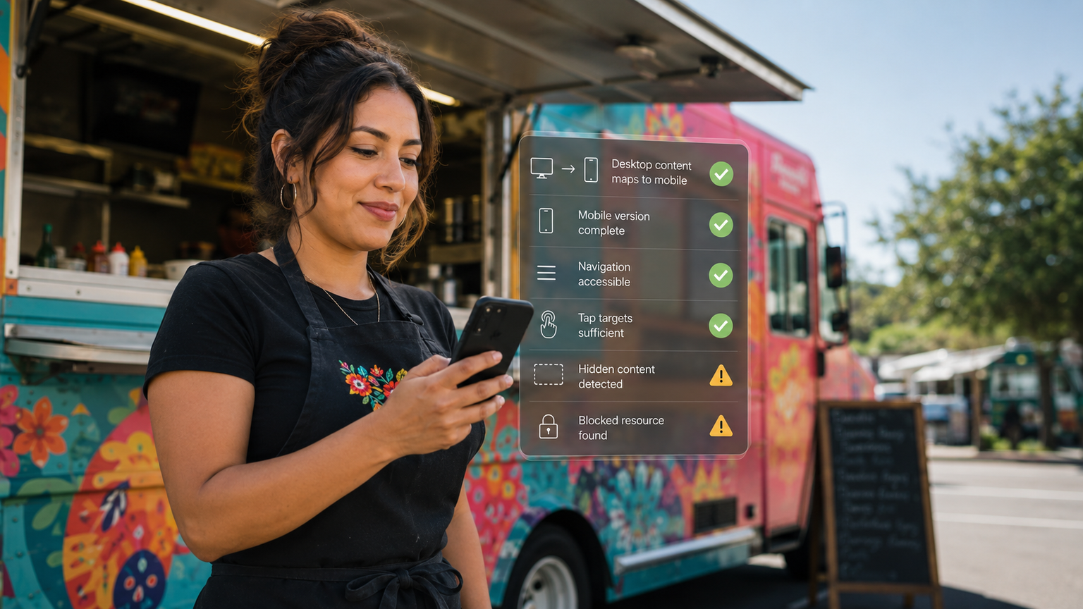 A food truck owner testing a mobile page for complete content, accessible navigation, usable tap targets, hidden content, and blocked resources