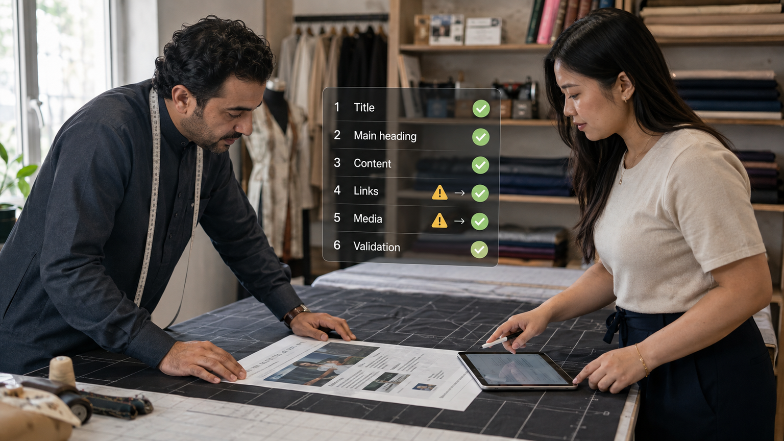 A tailor and SEO specialist auditing one printed webpage in order, from its title and main heading through content, links, media, and validation