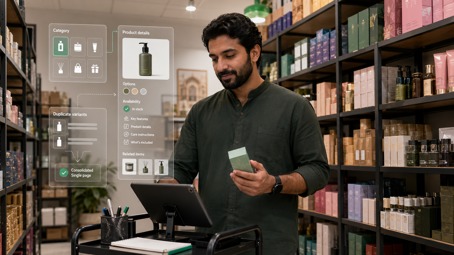 A boutique manager reviewing a product while a merchandising overlay connects a useful category page, product details, variants, availability, and related items