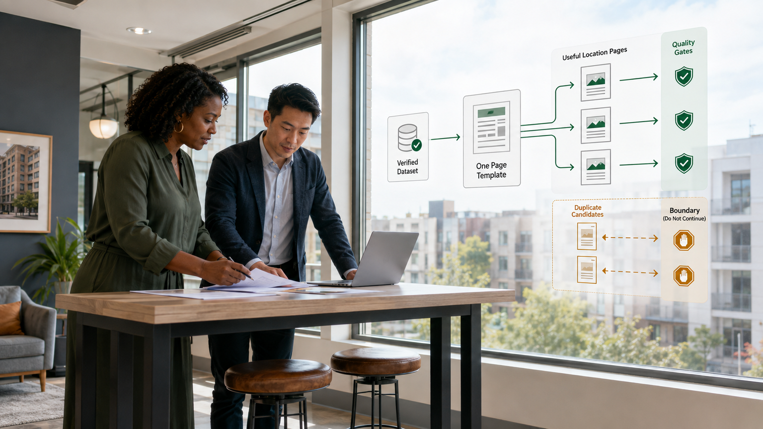 A property manager and developer reviewing a verified dataset that produces useful location pages while duplicate candidates stop at a quality boundary