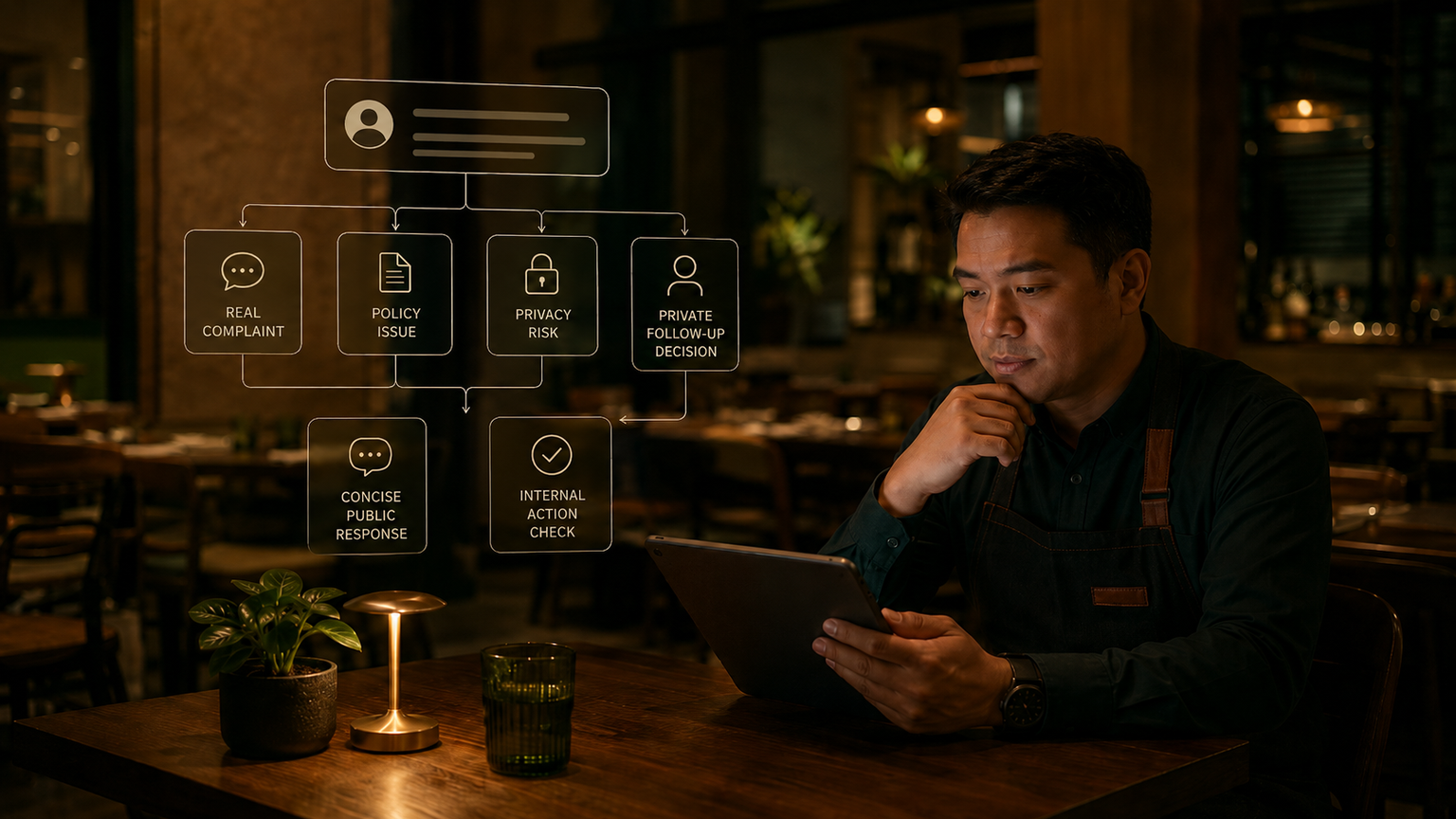 A Filipino restaurant manager reviewing a negative review through complaint, policy, privacy, public response, and internal follow-up paths