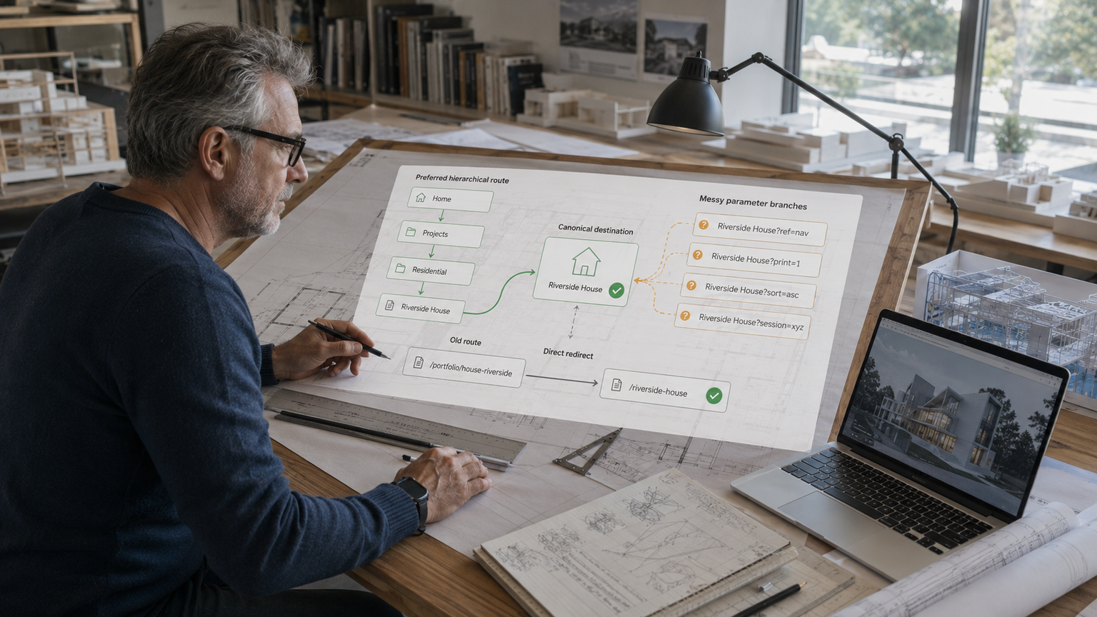 An architect comparing a clean hierarchical page route, parameter variants, one canonical destination, and a direct old-to-new redirect
