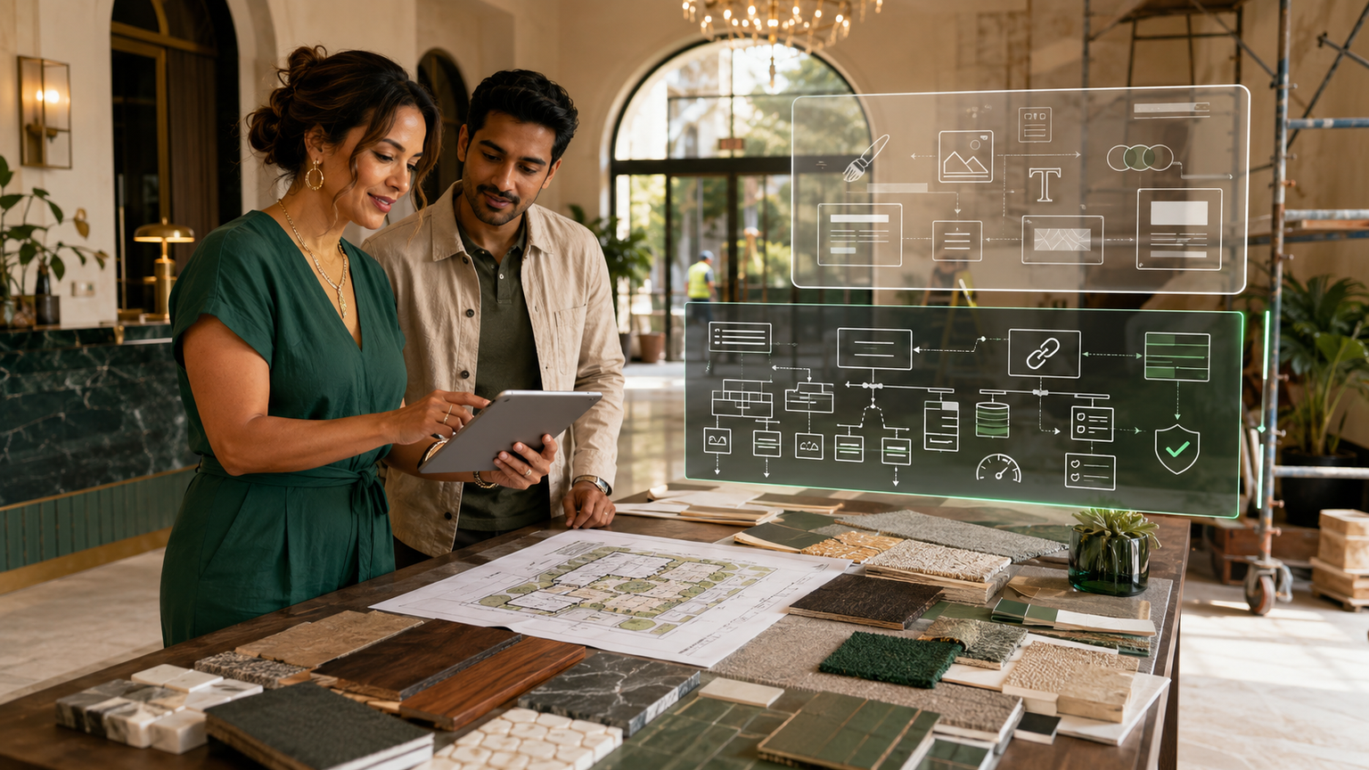 A hotel owner and web designer reviewing a site architecture plan before choosing visual finishes