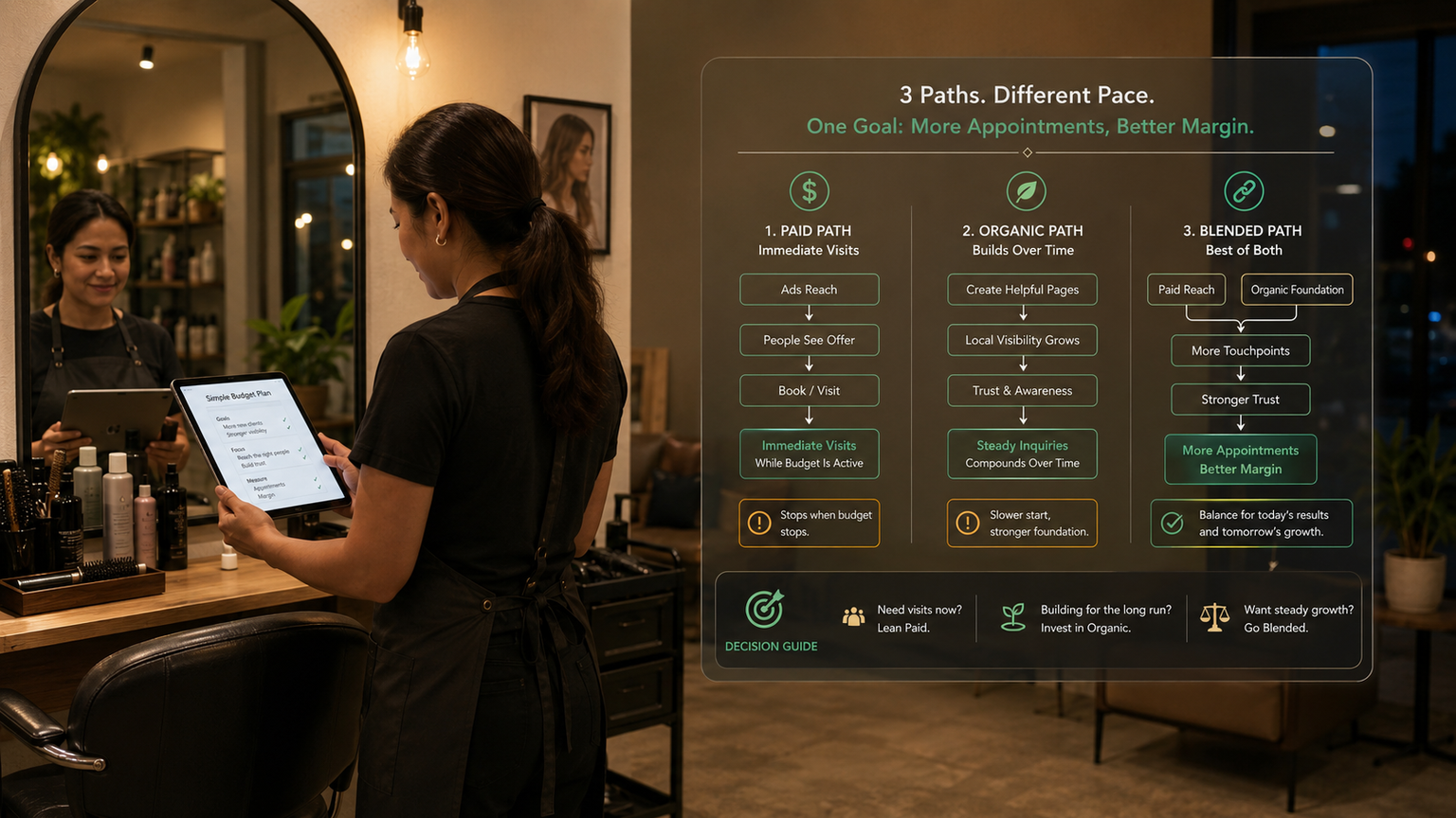 A Filipino salon owner comparing paid search, organic search, and a blended customer-acquisition plan