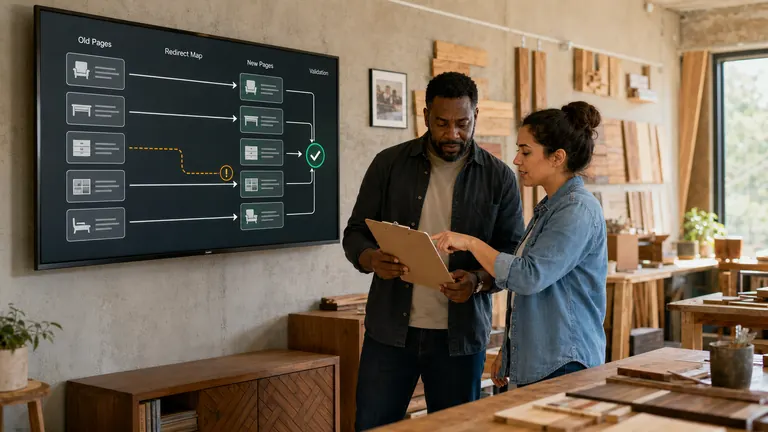 Business owner and developer reviewing an old-to-new URL redirect map before a site migration