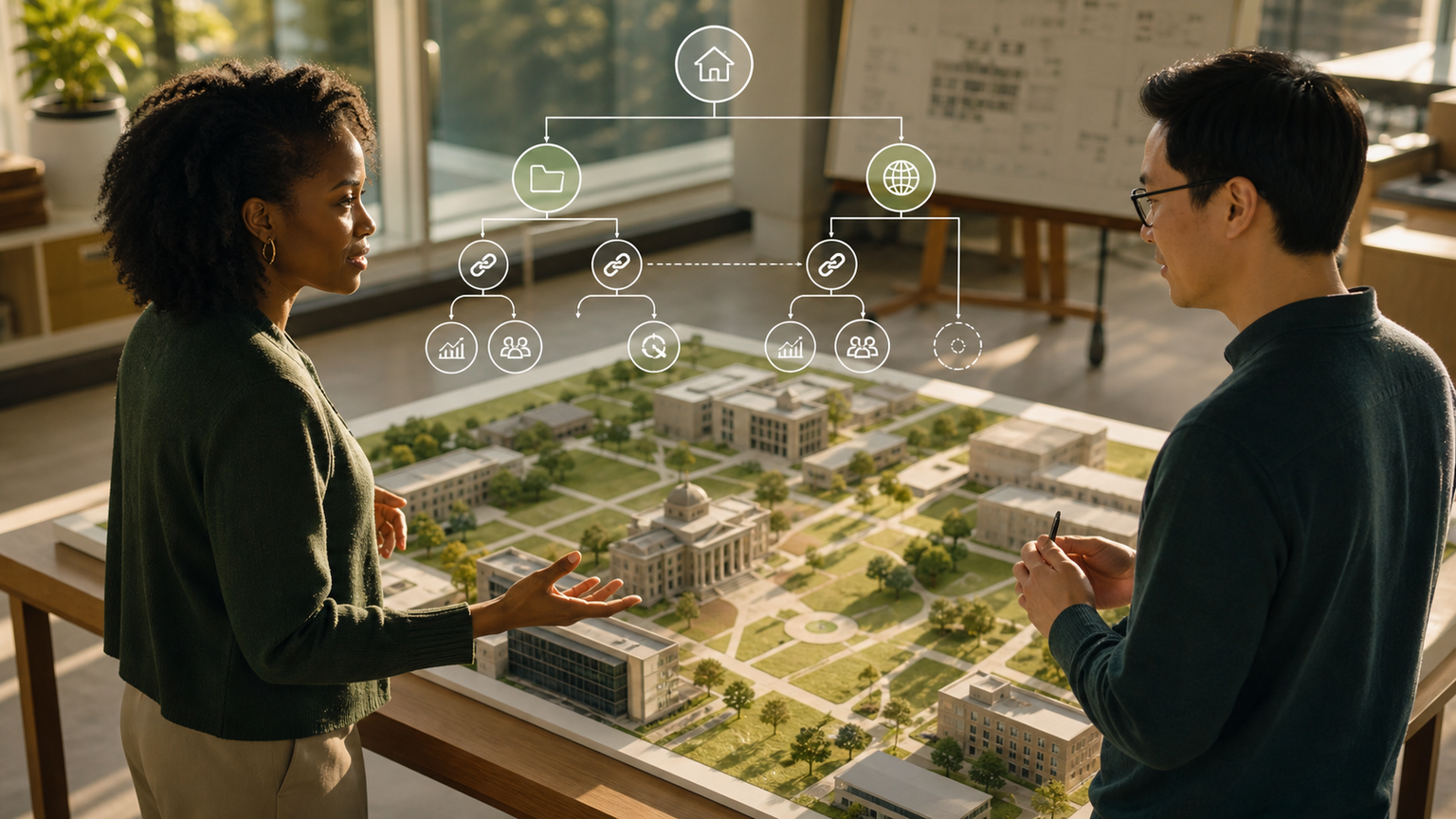 A communications lead and developer comparing an integrated site section with a separately managed web property