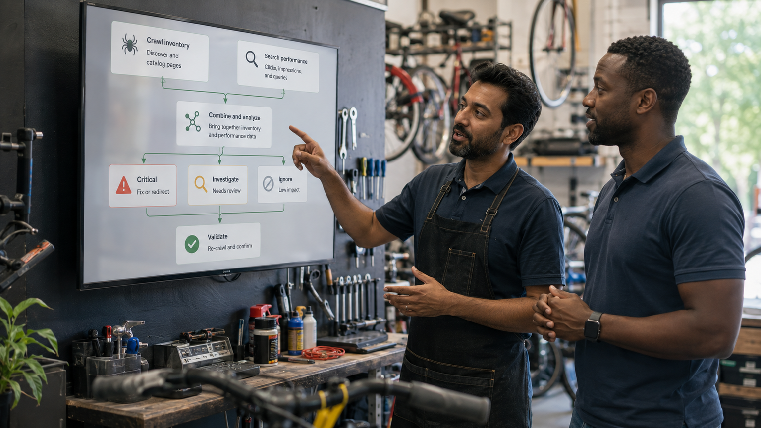 A bicycle shop owner and technical consultant combining a crawl inventory with search performance evidence before prioritizing and validating fixes