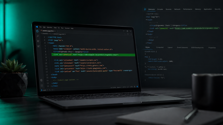 A dark code editor showing an HTML head block with a title tag and a canonical link