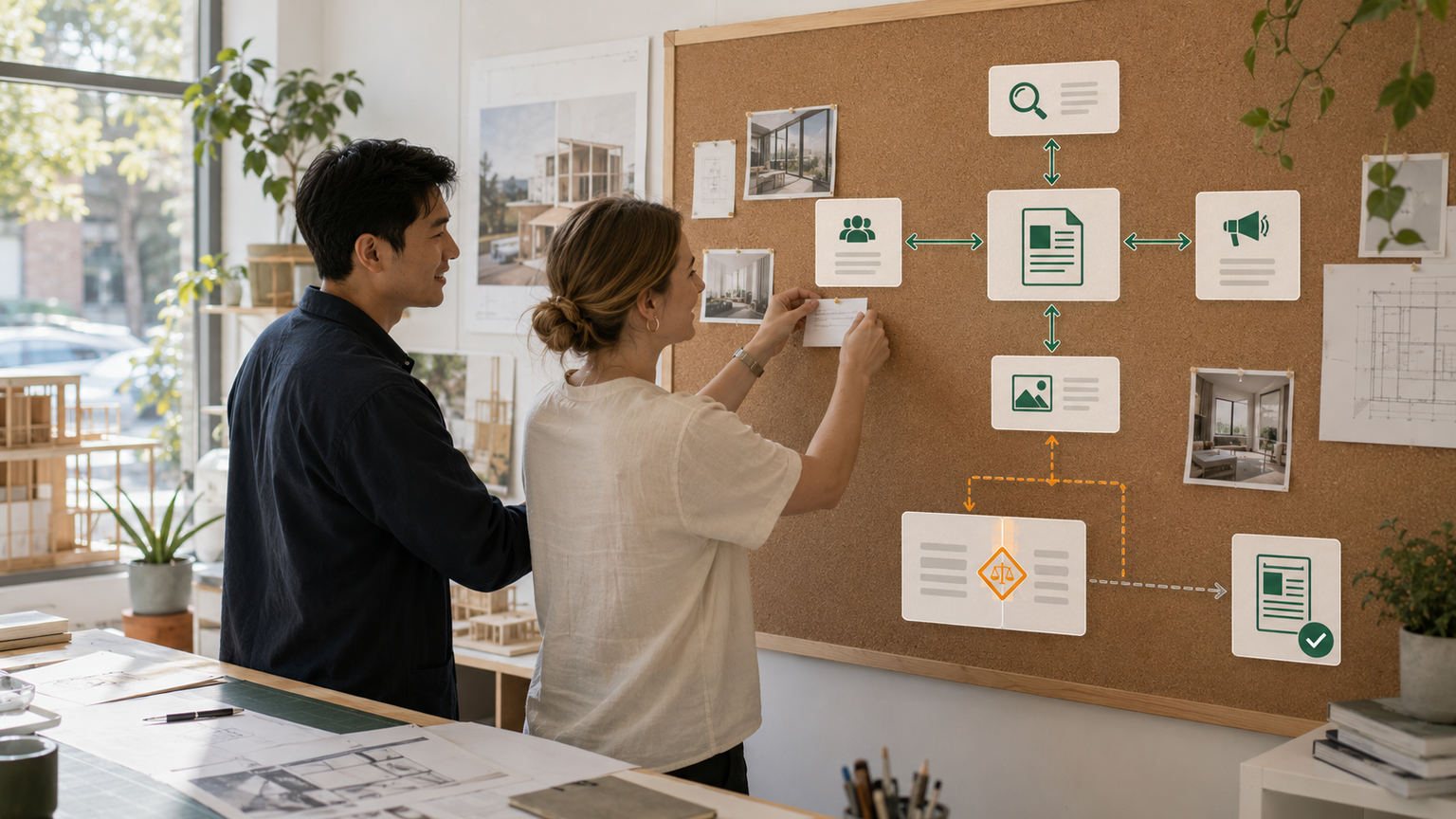 Two marketers mapping a central page to distinct supporting topics and stopping an overlapping page at a boundary check