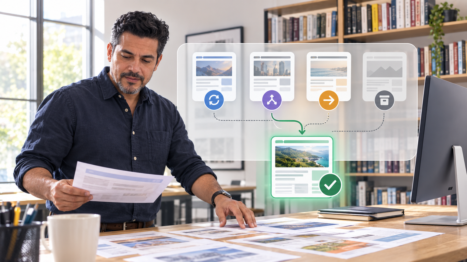 A business owner sorting old web pages into update, merge, redirect, and archive decisions