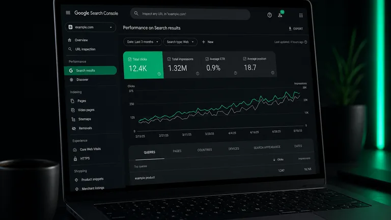 Google Search Console performance dashboard on a laptop