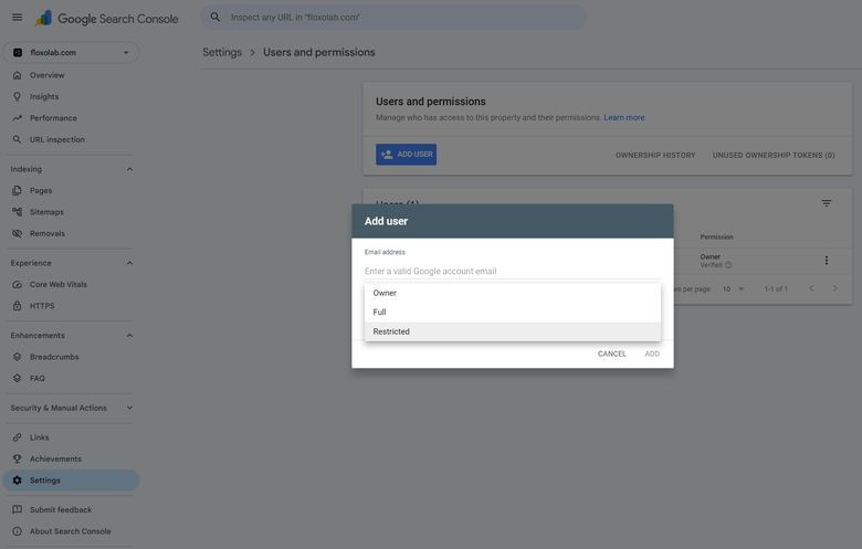 Google Search Console Add user dialog with the permission dropdown open showing Owner, Full, and Restricted, with Restricted highlighted