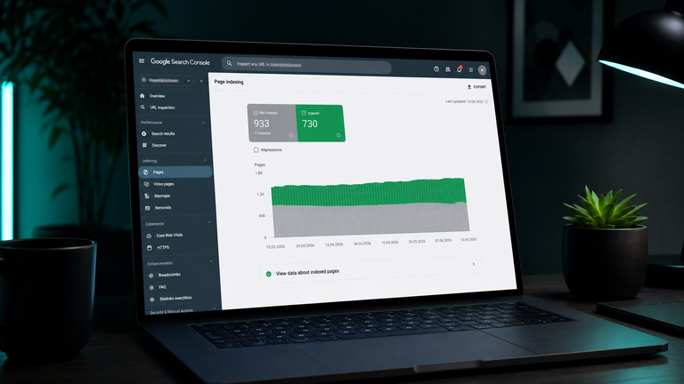 A laptop showing the Google Search Console Page indexing report with an indexed versus not indexed chart