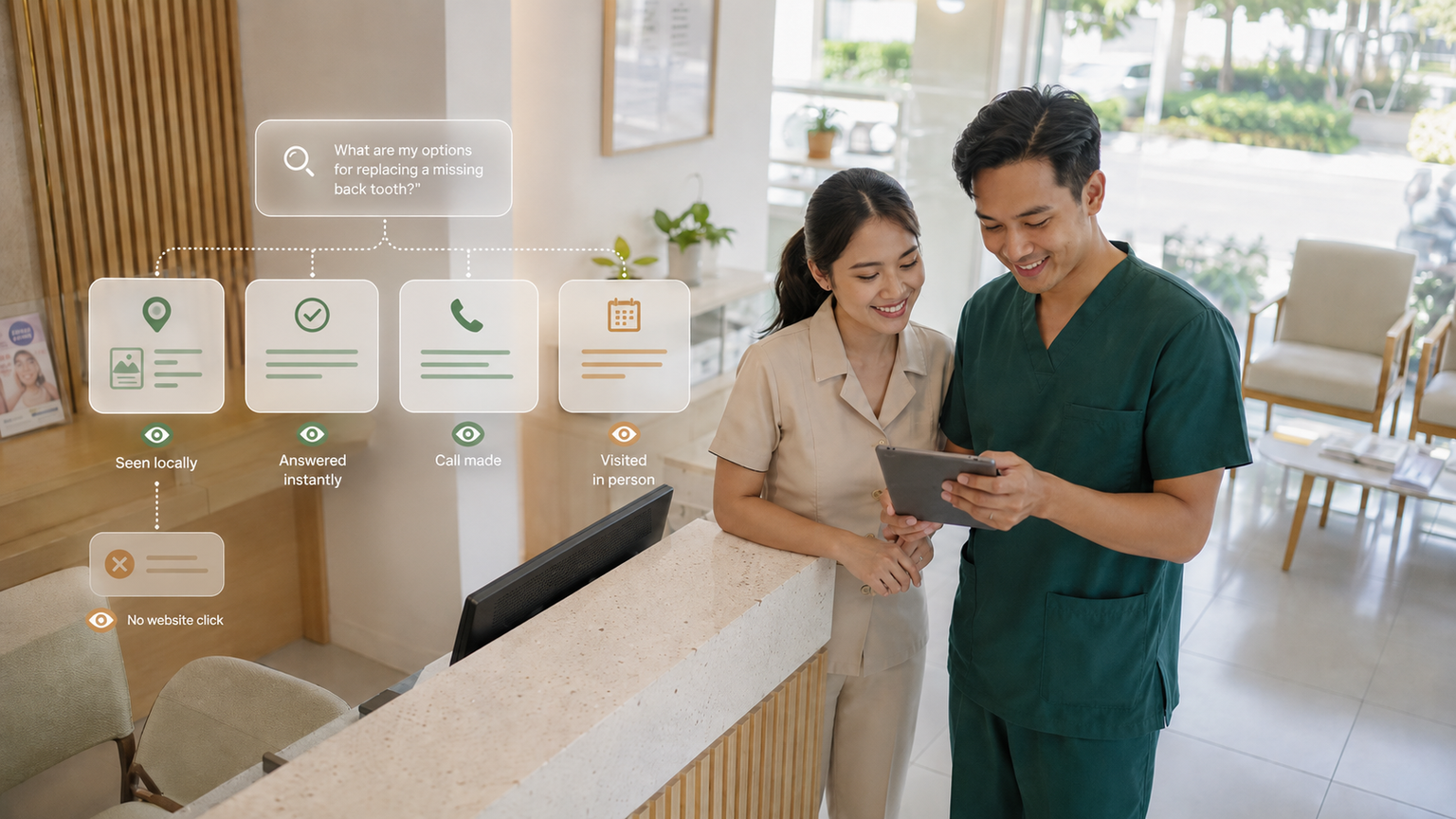 A dentist and receptionist reviewing a search journey where local visibility leads to answers, calls, and visits without a website click