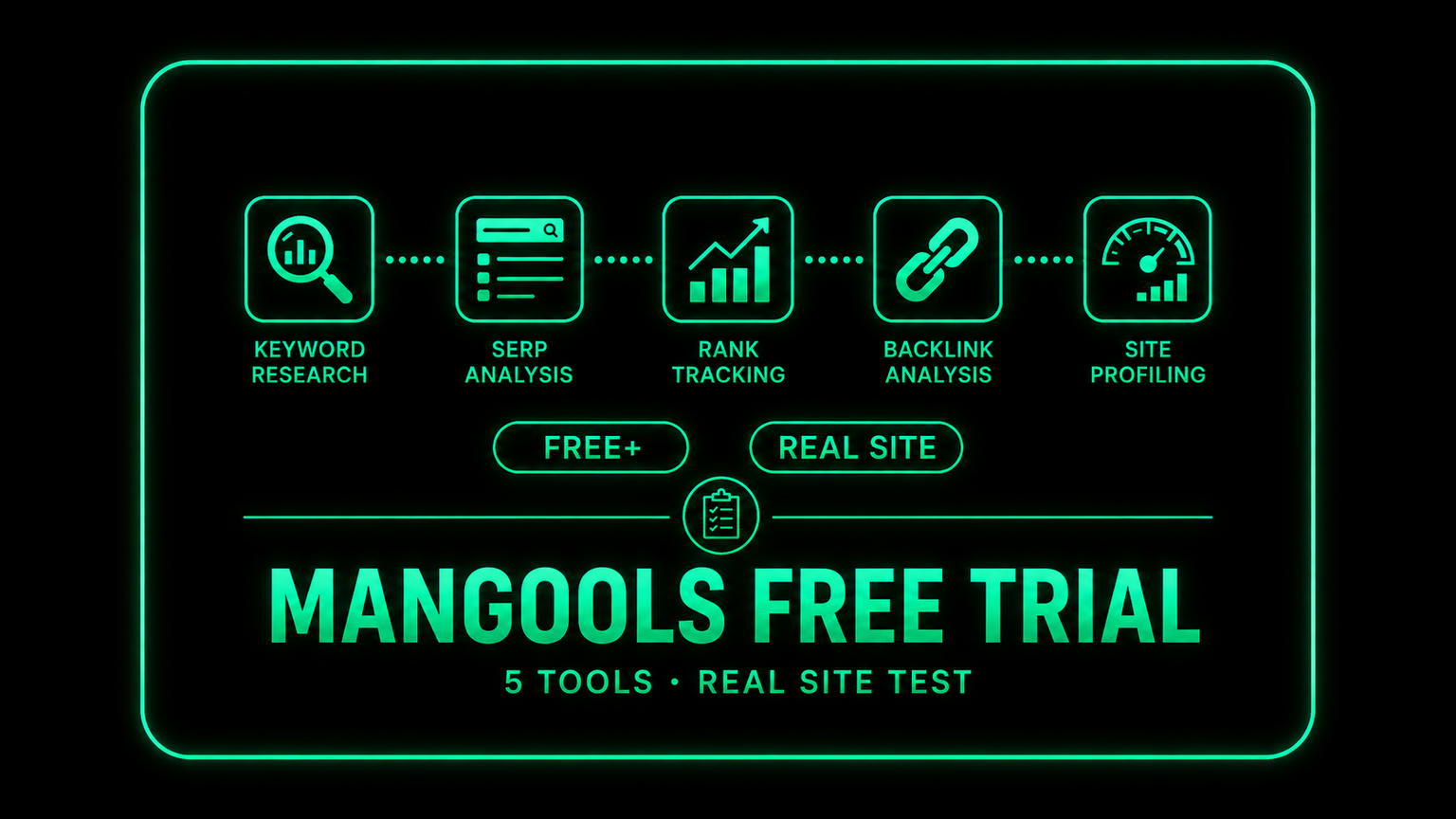 Mangools Free+ real-site test covering keyword research, SERP analysis, rank tracking, backlink analysis, and site profiling
