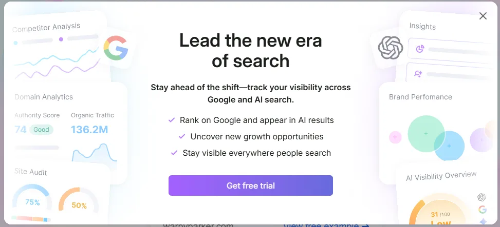 Semrush AI Visibility product page promoting tracking across Google and AI search