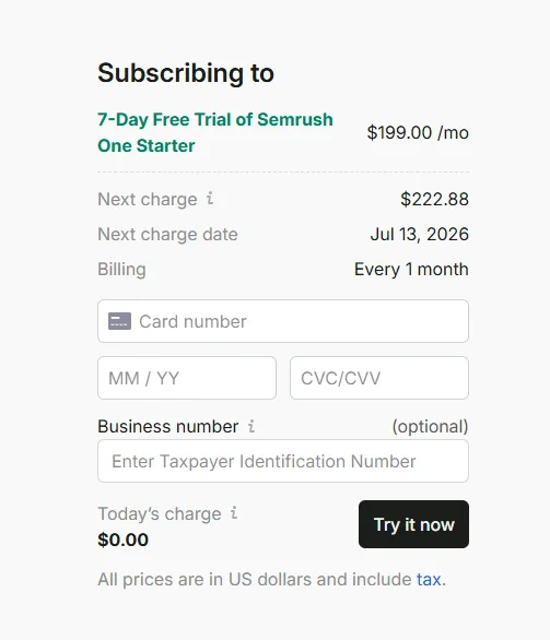 Semrush One Starter checkout requiring a credit card, with a next charge of 222.88 dollars including tax